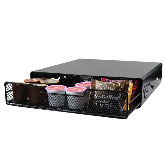 oneBREW Universal Coffee Pod Drawer in black metal mesh with decorative side cutouts, sliding open to hold assorted coffee pods and creamers, designed for coffee pod storage and countertop organization, fitting under most single serve brewers and holding up to 36 pods.