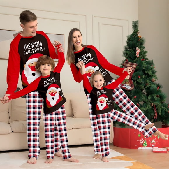 New 2024 Santa Claus Plaid Print Family Christmas Pajamas Set Soft Cute Sleepwear Mom Dad Kids Matching Outfits 2 Pieces Suit