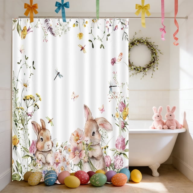 Tdxkok Rideau de Bain de Pâques Linge de Bain Sans Perçage avec 12 Crochets Ornements de Pâques