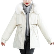 WRKEKC Women's Hooded Parka Detachable Faux Fur Trim Quilted Thermal Insulated Winter Coat with Lamb Wool Lining for Extreme Cold Weather White 3XL