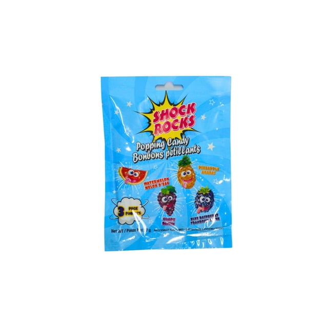 Shock Rocks 3 Pack Tropical popping candy in a blue peg bag featuring cartoon fruit characters for watermelon, pineapple, grape, and blue raspberry flavors, individually wrapped in a 7g bag, suitable as a fun candy snack.