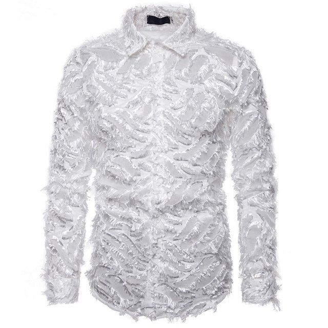 CEHVOM Men Handmade Three-dimensional Feather Featured Turndown Shirt Top Blouse