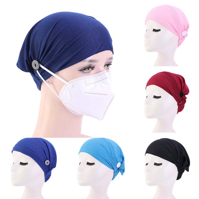 Koszal 2Pcs Solid Color Headband Anti Slip Buttons Head Wraps Nurse Doctor Kerchief Hat. Includes two wide headbands with side buttons for securing masks, made of nylon, polyester, and spandex. Features sweat-absorbent, anti-slip design with high elasticity and dust-proof coverage. Suitable for medical professionals and workwear use. Available in multiple colors including blue, pink, red, black, and light blue.