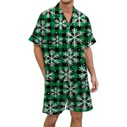 GDREDA Men's Cozy Pajamas Men's Christmas Multicolored Printed Silk Satin Short Sleeved Button Up Pajamas Set Men's Pajama & Loungewear Dark Green,S