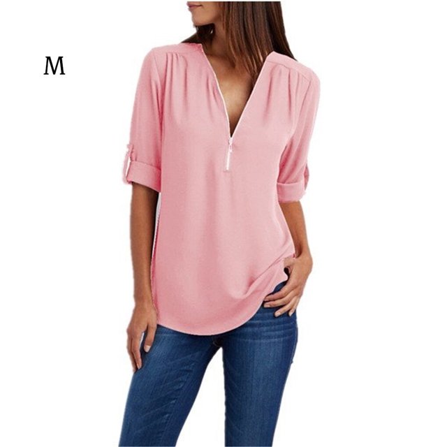 facefd Femmes pour Décoration de Fermeture Éclair devant Col en V Manches Courtes Chemise Rose m
