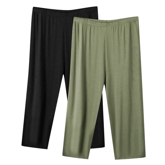 MeetoTime 2 Pack Womens Pajama Pants Capri Sleep Lounge Pants Elastic Waist Plus Size Capris S-5XL