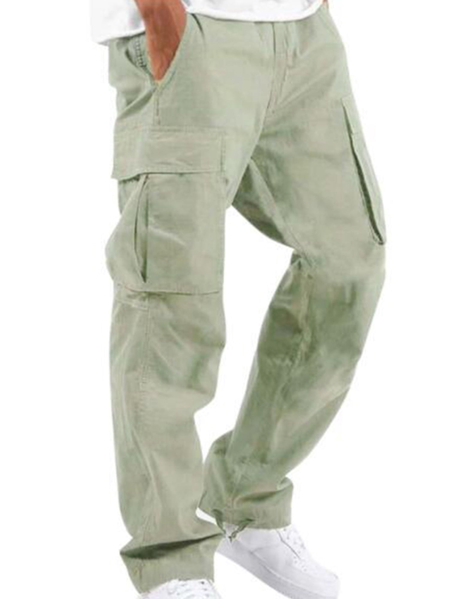 LUXUR Mens Drawstring Trousers Casual Sports Cargo Pant Light Green 2XL