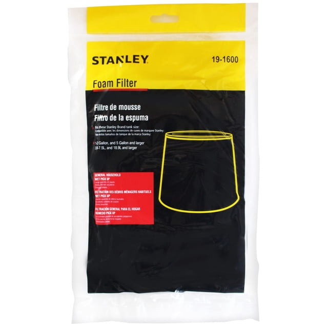 Stanley Emballage de Filtre en Mousse avec Panneau avant Jaune et Noir, Affichant le Nom du Produit et les Spécifications pour une Utilisation à Sec comme Filtre Secondaire, compatible avec les Réservoirs sous Vide Stanley de 1-2 gallons et 5 gallons Ou Plus, Convient aux Sacs sous Vide et aux Accessoires pour l'Entretien des Planchers.