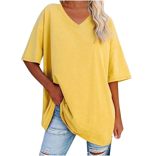 Plebaso T-Shirts Surdimensionnés pour Femmes à Col en V à Manches Mi-Longues T-Shirts Décontractés Unis Confort Hauts Amples pour Femmes