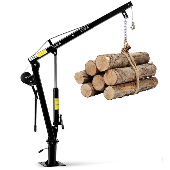 Pickup Truck Jib Crane – Hydraulic 2000 lb – Folding Bed Crane – 360° Swivel & Hand Winch – Heavy Duty Steel Hoist – Construction & Factory – Black