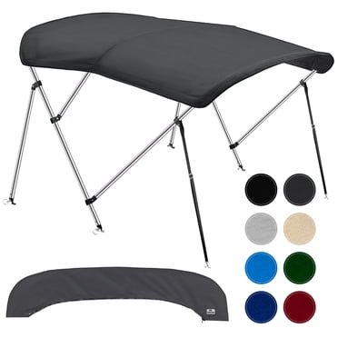 NEH 3 Bow Bimini Tops for Boats, Fadeproof, Support Poles, Storage Boot, 600D Marine Canvas, Sun Shade Boat Canopy, Universal Boat Cover For Pontoon, V-Hull, Fishing, Bass Boat 54-60", Charcoal Gray