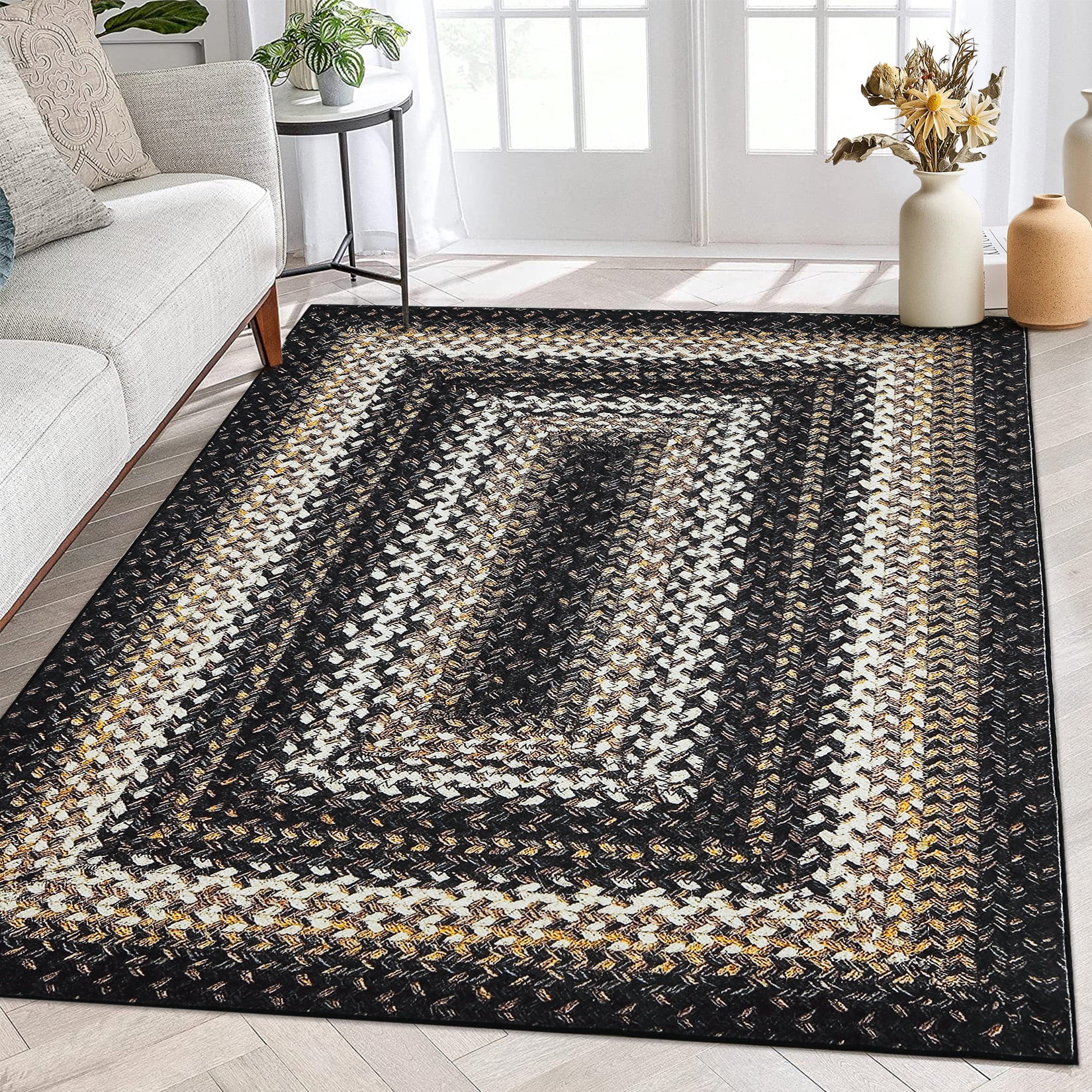 HOMERRY Vintage Braided Rug 4x6 Washable Rug Boho Geometric Print Rug Foldable Throw Carpet, Black