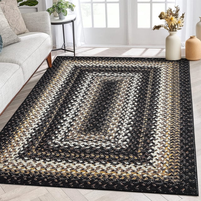 HOMERRY Vintage Braided Rug 4x6 Washable Rug Boho Geometric Print Rug Foldable Throw Carpet, Black