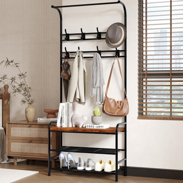 Bingirl 70.9 - Inch Tall Narrow Metal Coat Rack with Wooden Shoe Bench: 4 - in - 1 Rustic Brown Storage Shelf with 8 Hooks