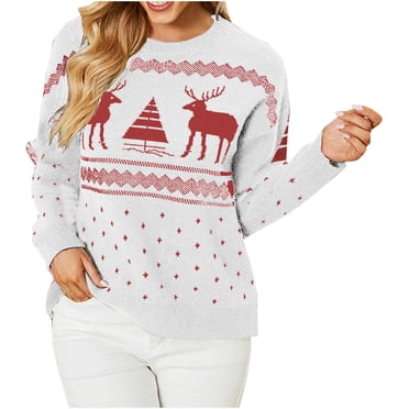 RKSTN Ugly Christmas Sweater for Women Fall Fashion 2023 Christmas Printed Long Sleeve Knitted Sweaters Pullove Round-Neck Casual Sweater Tops