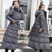 EGNMCR Womens Long Puffer Coat, Long Sleeve Padded Winter Down Coats, Hooded Parka Jacket Women Fashion Long Collar Padded Coat Slim Thick Coat Warm Cotton Down Jacket Women Coat