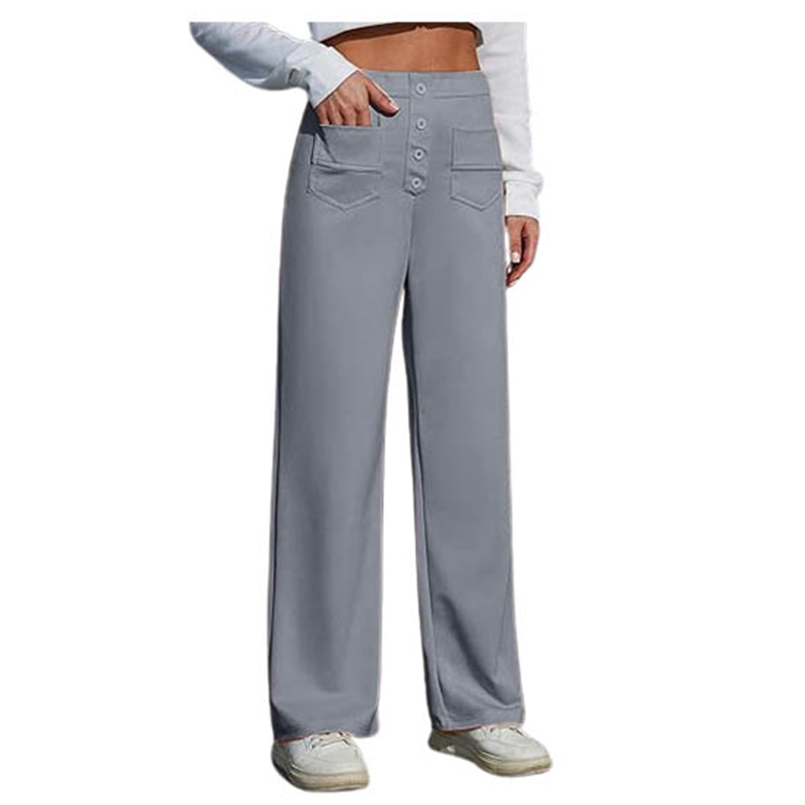 WEIYLL Summer Pants for Women Work Straight Wide Leg Button Down High Elastic Waisted Pockets Grey Trousers size XXXXL