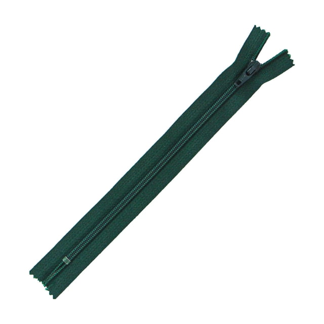 UNIQUE CREATIV All-Purpose Closed-End Zipper, 18 cm, Forest Green, showing a smooth #2.5 nylon coil on durable polyester tape, designed for sewing accessories including dresses, skirts, and light pants, suitable for garment fasteners and notions projects.
