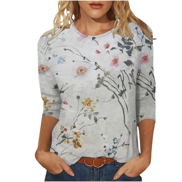 Birdeem T-Shirt Imprimé Mode pour Femmes Manches 3/4 Mi-Longueur Blouse Col Rond Hauts Décontractés