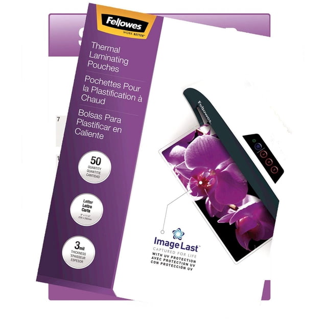 Thermal Laminating Pouches - ImageLast™ by Fellowes, letter size 3 mil thickness, 50 pack, featuring built-in UV protection to prevent fading and provide clarity, compatible with all laminator brands and designed for jam-free use with Fellowes laminators, shown with a Fellowes laminator and laminated photo of purple orchids.