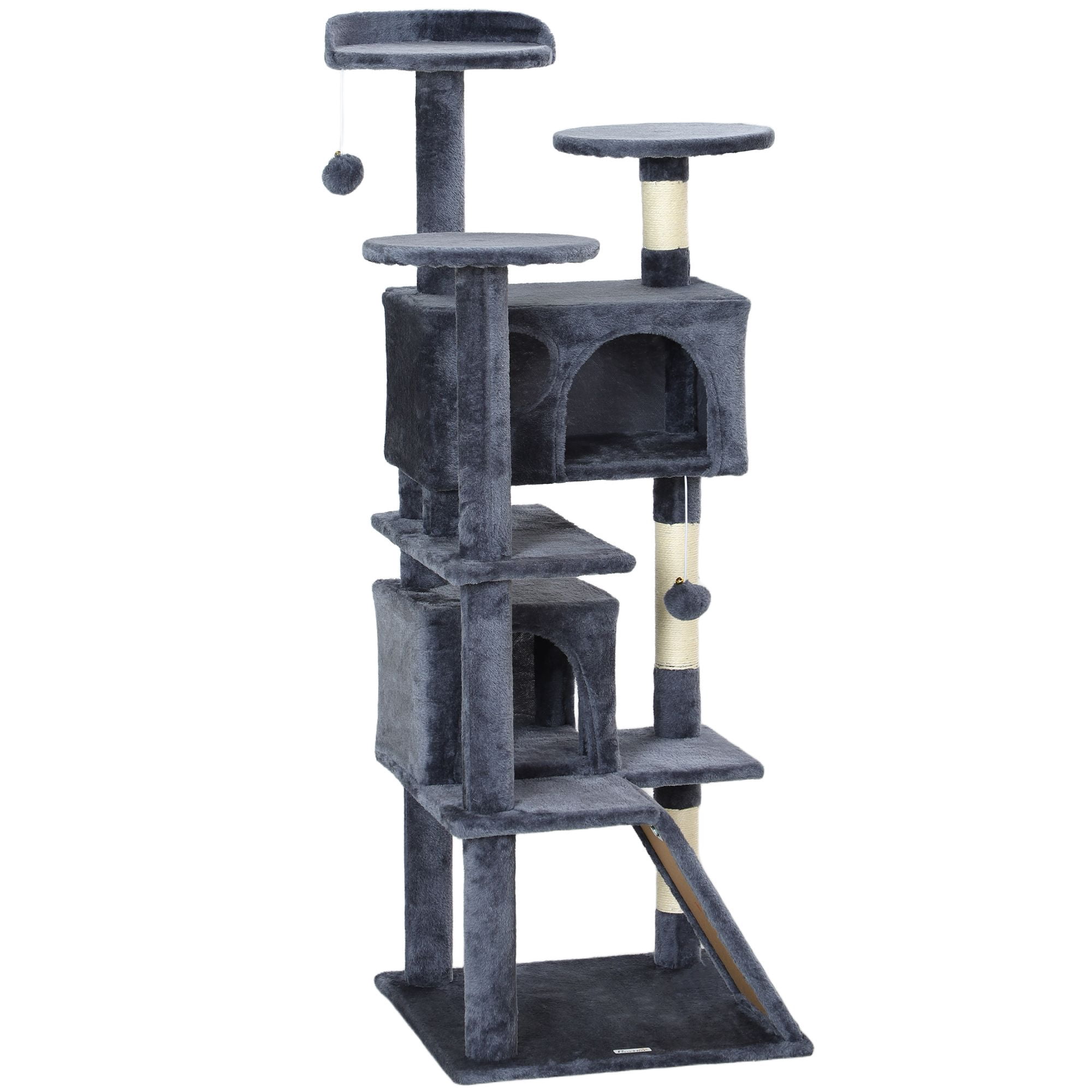 54" Multi-Level Cat Tree with Scratching Posts & Condo - Dark Grey Activity Tower for Living Room & Bedroom - Plush Platforms & Toy Ball Included