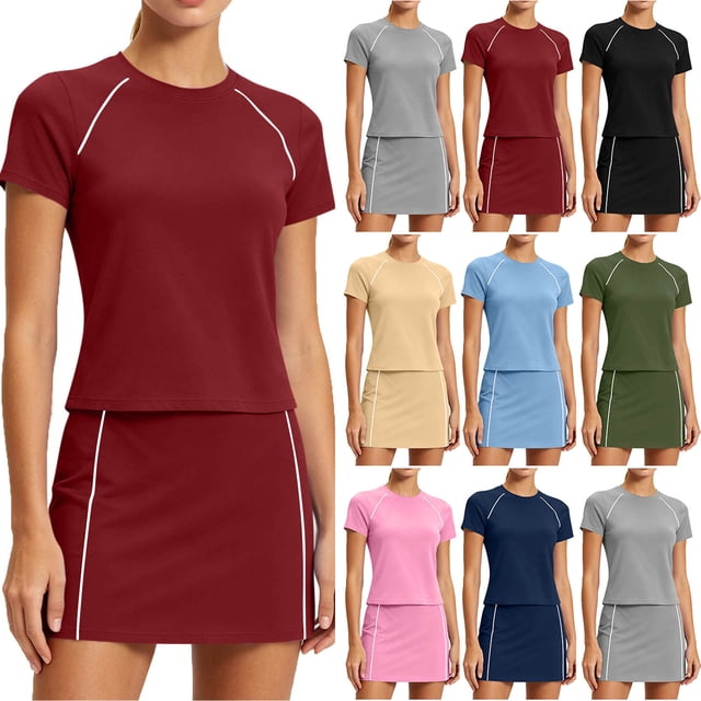 Sentmoon Ensembles Deux Pièces Jupes Mini pour Femmes Taille Haute Jupe Mini pour Femmes Tendance Couleur Unie Manches Courtes Col Ras du Cou Coupe Régulière Jupes de Tennis pour le Travail et le Bureau P-2TG