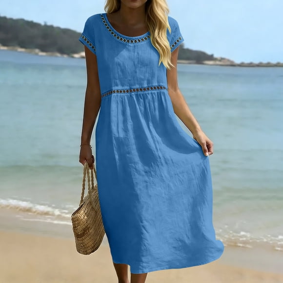 pstuiky Beach Dresses for Women, Womens Summer Casual Short Sleeve Linen Dress with Pockets Round Neck Beach Sundress for Women Loose Fit Midi Dress for Vacation, Travel, or Daily Wear