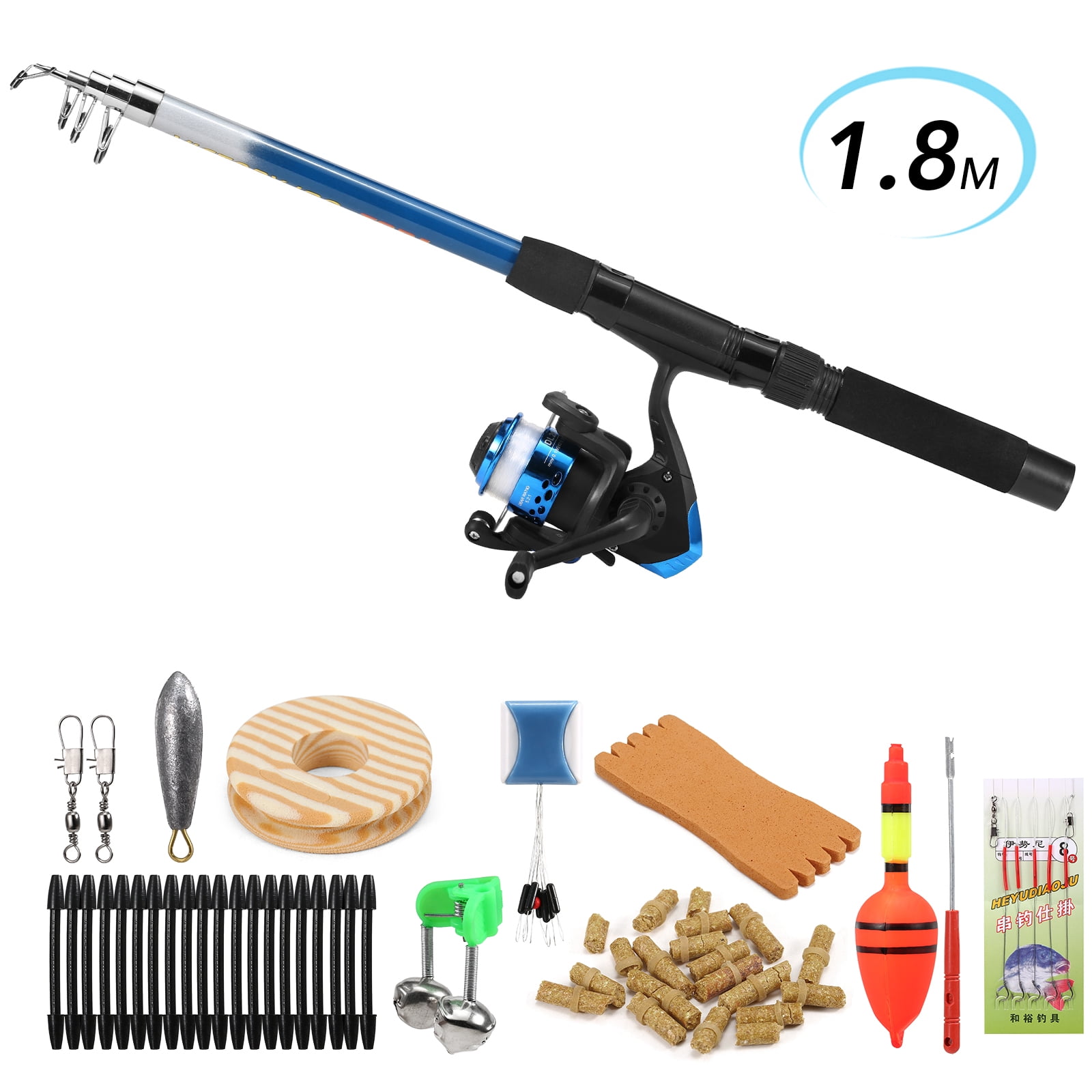 Fishing Rod and Reel Combo Full Kit 1.8m Telescopic Fishing Rod Pole and Spinning Reel Set with Lures Swivels Bell Float Hair Rigs Fishing Accessories