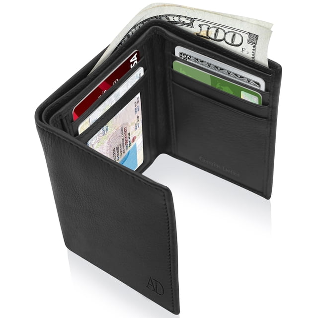 Trifold Wallets For Men RFID - Leather Slim Mens Wallet with ID Window and front pocket design by Access Denied. Made from genuine full-grain leather in a sleek black finish, this wallet features RFID blocking technology to protect against electronic pickpocketing. The interior includes 7 credit card slots, 3 slip pockets, 2 cash compartments, and a transparent ID window. Compact and slim, it measures 4.5 x 3.25 inches and fits conveniently in front or back pockets. Shown open with cards, cash, and ID inserted, highlighting its organization and functionality.