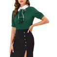 thumbnail image 4 of INSPIRE CHIC Women's Contrast Collar Tie Ruffle Front Button Short Sleeve Work Shirt XS Dark Green, 4 of 6