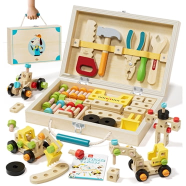 Ensemble d'Outils pour Garçons, Ensemble d'Outils en Bois avec Boîte et Accessoires d'Outils, Monterssori Jouets Éducatifs de Jeu de Rôle et de Construction pour Garçons de 2 3 4 5 6 Ans