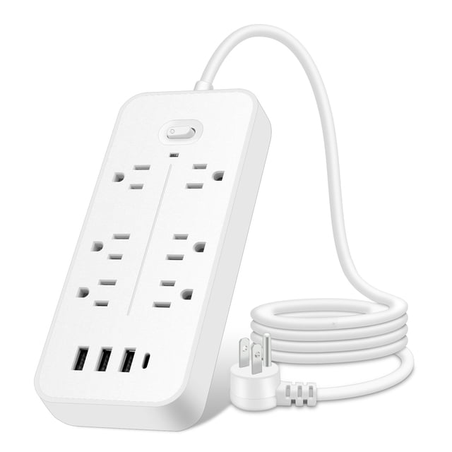 Graflsoa 6-Outlet Surge Protector with 3 USB Ports & Type-C, 1.2m Cord, Overload Protection, Fireproof ABS, Wall-Mountable, White (US Standard)