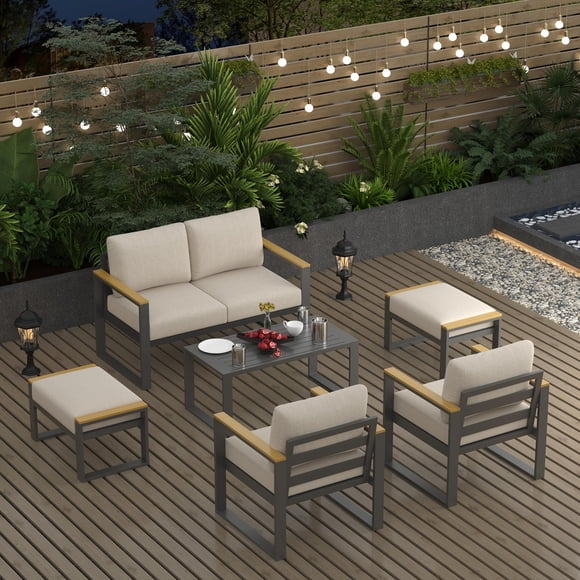 GOGRANT Ensemble de Mobilier de Patio Extérieur en Aluminium, Causeuse 2 Pcs avec Table Basse, Mobilier de Jardin Moderne Toutes Saisons pour Balcon et Cour Arrière