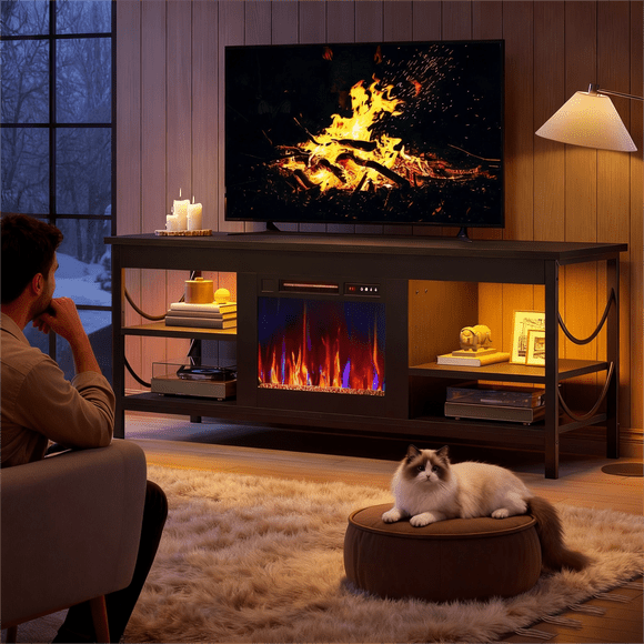 Pinmoco Meuble Télé avec Foyer Électrique pour Téléviseurs jusqu'à 65 Pouces, Centre de Divertissement à DEL pour Jeux Vidéo avec Étagères de Rangement Ouvertes pour Salon Ou Chambre à Coucher, Noir