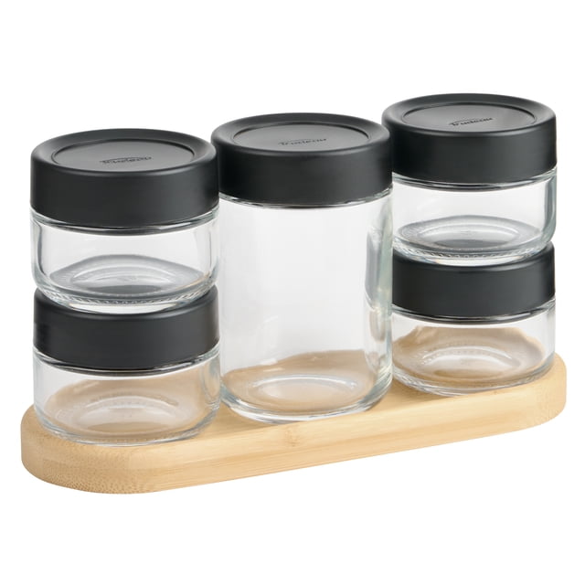 TRUDEAU™ STAK™ Porte-Épices avec 5 Pots en Verre Non Remplis sur une base en Bambou Naturel, Incluant un Pot de 200 ml et Quatre Pots de 85 ml avec Couvercles Noirs Hermétiques à Visser; Conception Empilable Idéale pour l'Organisation de la Cuisine et le Rangement Gain de Place.