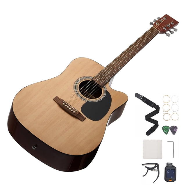 KFFKFF Cutway Acoustic Guitar, 41 in, 6-String, Natural Solid Spruce Top Guitar, Beginner Bundle with Gig Bag, Tuner, Strap, Steel Strings, Picks, Capo