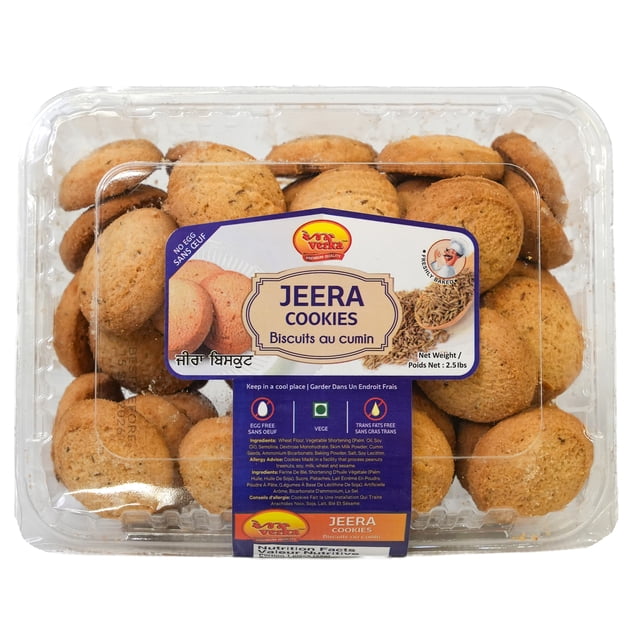Verka biscuits au Jeera dans un Contenant en Plastique Transparent Montrant des biscuits Indiens Ronds Brun Doré Aromatisés aux Graines de cumin, Étiquetés Sans Oeufs, Végétariens et Sans Gras trans, Pesant 2,5 Lb, Convient comme Collation Pendjabi Traditionnelle.