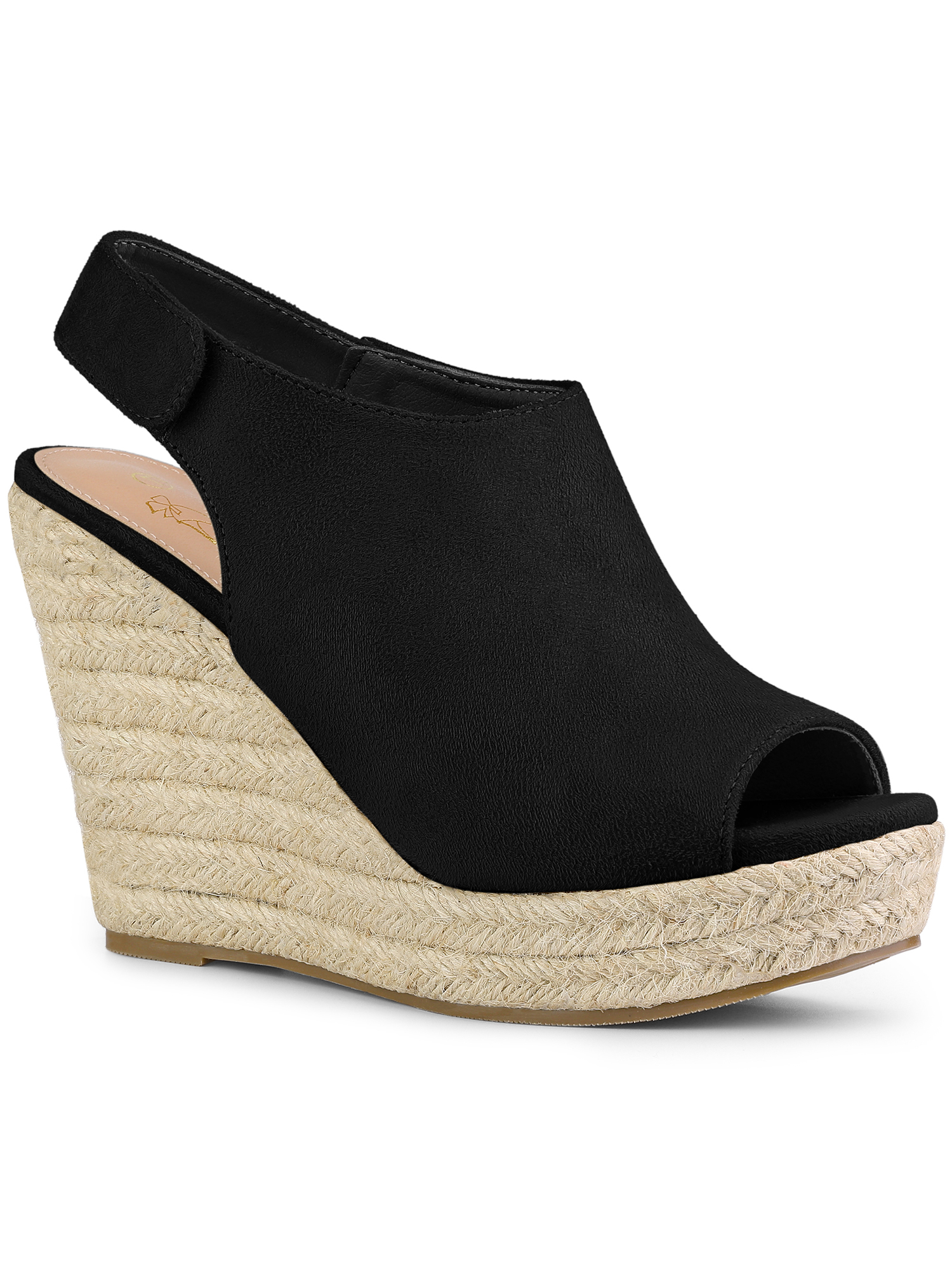 BLISSFUL STEP Sandales à Talon Compensé à Bride Arrière, Bout Ouvert, Plateforme Espadrille, pour Femmes, Noir 6