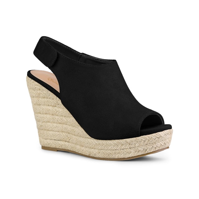 BLISSFUL STEP Sandales à Talon Compensé à Bride Arrière, Bout Ouvert, Plateforme Espadrille, pour Femmes, Noir 6