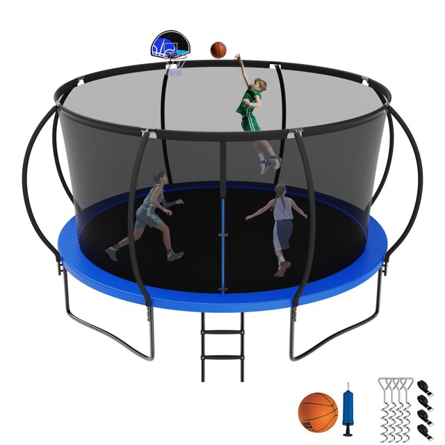 Jump Into Fun Trampoline 12FT, 1200LBS Trampoline for Adults Kids, Trampoline with Enclosure, Basketball Hoop, Wind Stakes & Ladder, Recreational Outdoor Heavy Duty Trampoline