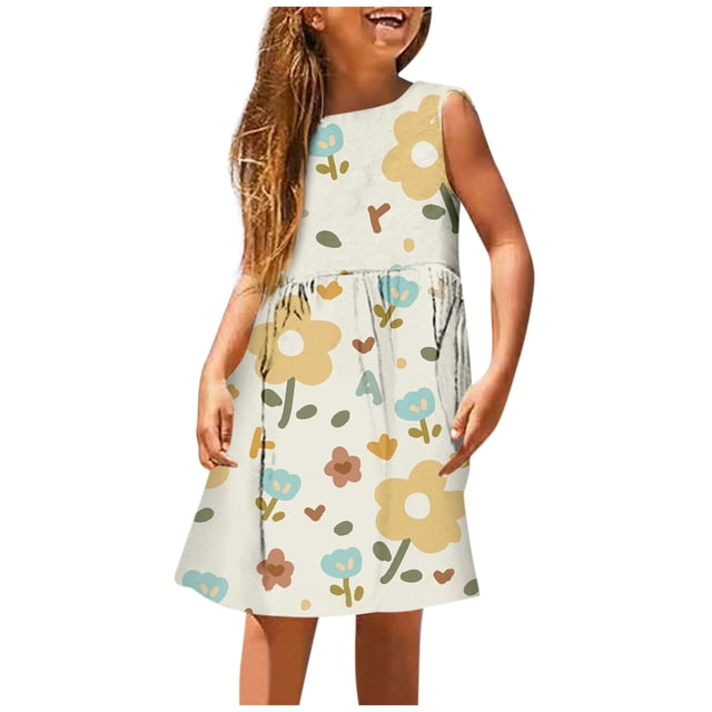 PMVFHDE Robe à Imprimé Floral pour Filles Mignonne Sans Manches à Col Rond Robe de Printemps Été Respirante Robe de Mode Quotidienne pour Tout-Petits Vert Menthe,3-4