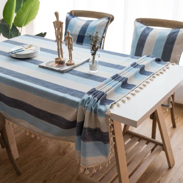 Nappe Rétro Bohème à Rayures Colorées avec Pompons en Dentelle, Coton et Lin, Imperméable, Style Ferme, Housse de Table, Décoration de Table pour Salle à Manger, Restaurant, Fête