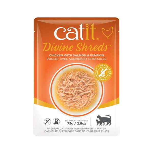 Catit Divine Shreds Chicken with Salmon & Pumpkin Wet Food for Cats 75 g pouch showing shredded chicken in broth, grain-free and low-calorie, designed as a hydrating premium cat food topper to enhance dry or wet meals.