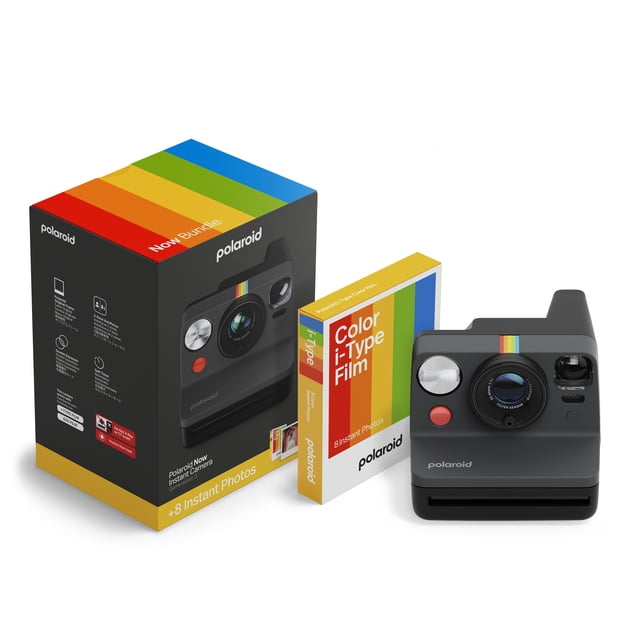 Polaroid Now Generation 3 Instant Camera Black and Color Film Bundle (8 Photos) front-facing black Polaroid Now Gen 3 instant camera with classic square silhouette, visible two-lens autofocus cluster and built-in flash. Polaroid Color i-Type film pack and a white-framed sample photo sit beside the camera on a neutral surface; wrist strap and USB-C charging port are visible. Often used as a compact desktop display for prints.