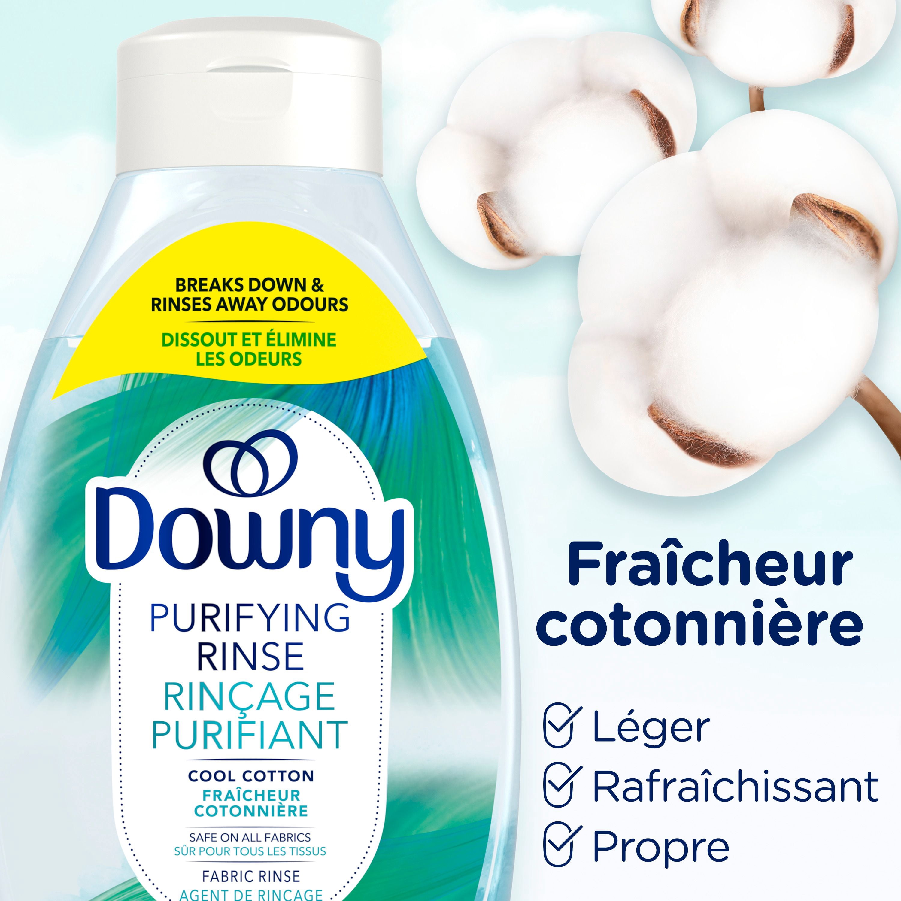 Downy Rinçage Purifiant Éliminateur d'Odeurs pour la Lessive, Parfum Fraîcheur Cotonnière, Assouplissant Textile et Rinçage d'Élimination des Odeurs pour la Lessive, Combat les Odeurs à la source, Compatible HE 54WL