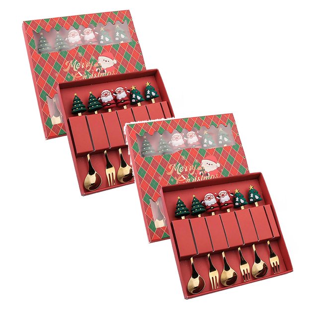 Oleegame 2PC Stainless Steel Cutlery Set Christmas Tableware Set Stainless Steel Spoon Gift Set Dessert Spoon Fork Coffee Spoon Christmas Pendant Spoon Tableware Set Gift