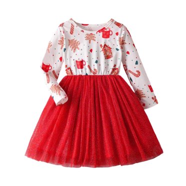 Aocisk Robe de Noël pour Filles à Manches Longues avec Imprimé de Dessins Animés et Paillettes pour Fête, Costume de Danse, Robe Élégante, Tenue pour Tout-Petits, Rouge, 6-7 Ans