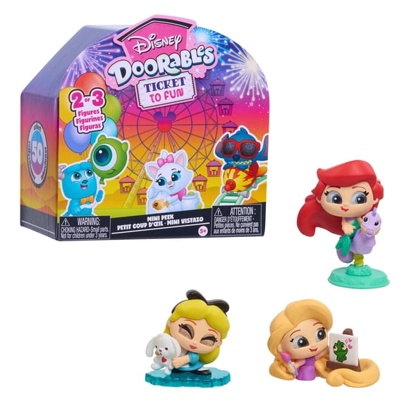 Disney Doorables Ticket to Fun Mini Peek Series 16, Festival-Themed Collectible Figures with 2 or 3 Surprise Toys, 50 to Collect, Kids Toys by Just Play, Ages 5+