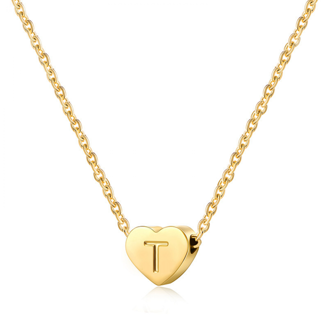 Collier Initial Cœur en Acier Inoxydable Mini Collier Lettre Cœur Plaqué Or 14K Acier Titane ----- Or T
