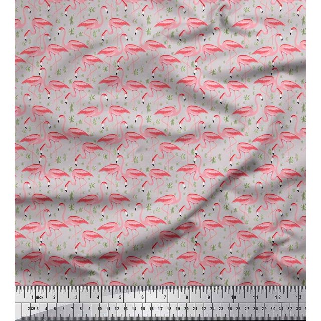 Soimoi Rayon Fabric Grass & Flamingo Bird Print Sewing Fabric Yard 56 Inch Wide